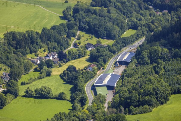 Aerial photo, Schmitte-Holzverarbeitung GmbH, Frettermühle, Weringhausen, Finnentrop, Sauerland, North Rhine-Westphalia, Germany, DE, Europe, commercial enterprises, commercial area, commercial park, commercial location, commercial use, industrial area, industrial building, industrial location, aerial photo, aerial photography, aerial photography, overview, bird's-eye view, birds-eyes view, overview