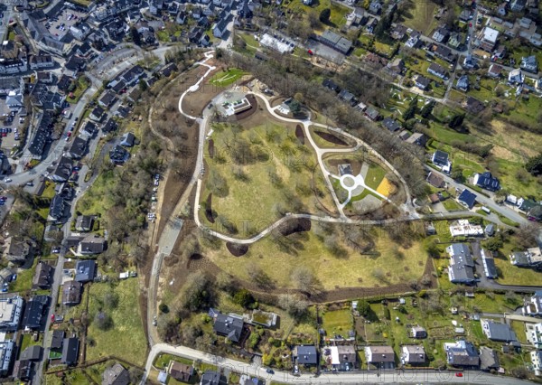 Spa garden with construction site Bürgerpark, Freudenberg, Sauerland, North Rhine-Westphalia, Germany, construction work, construction area, construction site, building plots, construction project, construction site, DE, Europe, aerial view, aerial photograph, aerial photography, aerial photography, park, overview, bird's-eye view, overview