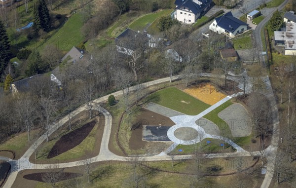 Spa garden with construction site Bürgerpark, Freudenberg, Sauerland, North Rhine-Westphalia, Germany, construction work, construction area, construction site, building plots, construction project, construction site, DE, Europe, aerial view, aerial photograph, aerial photography, aerial photography, park, overview, bird's-eye view, overview