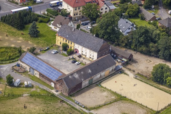 Aerial view, riding centre Christina Plotz in Strickherdicke, Fröndenberg/Ruhr, Ruhr area, North Rhine-Westphalia, Germany, DE, Europe, aerial view, aerial photography, aerial photography, equestrian sport, equestrian centre, equestrian centre, riding stable, overview, bird's-eye view, overview
