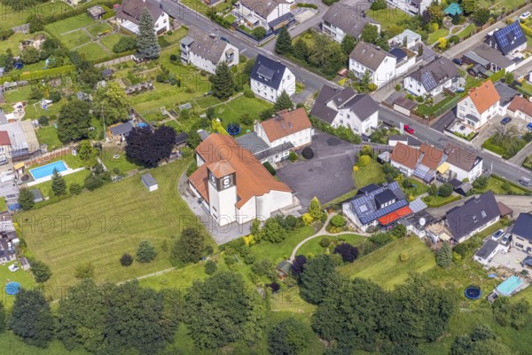 Aerial view, local view district Langschede and catholic St. Konrad church in Fröndenberg/Ruhr, Ruhr area, North Rhine-Westphalia, Germany, place of worship, DE, Europe, Fröndenberg/Ruhr, religious community, place of worship, holy place, church, parish, denomination, aerial view, aerial photography, aerial photography, religion, religious site, overview, bird's-eye view, overview