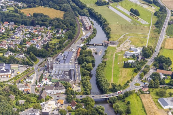 Aerial view, Wasserwerke Westfalen GmbH and Langschede run-of-river power station on the Ruhr river, Ardeyer Straße industrial estate, Fröndenberg town boundary Halingen, Menden, Ruhr area, North Rhine-Westphalia, Germany, DE, Europe, aerial view, aerial photography, aerial photography, overview, bird's-eye view, hydroelectric power station, birds-eyes view, overview