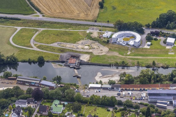 Aerial photograph, Wasserwerke Westfalen GmbH and Langschede run-of-river power station on the Ruhr, Halingen, Menden, Ruhr area, North Rhine-Westphalia, Germany, DE, Europe, aerial photograph, aerial photography, aerial photography, overview, bird's-eye view, hydroelectric power station, birds-eyes view, overview