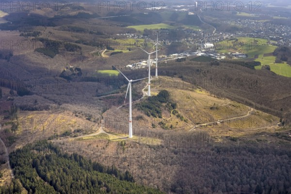 Forest damage and wind turbines Büschergrund, Freudenberg, Sauerland, North Rhine-Westphalia, Germany, tree mortality, DE, Europe, clear-cutting, aerial view, aerial photograph, aerial photography, aerial photography, overview, bird's-eye view, WEA, forest, forest area, forest damage, forest dieback, wind energy, wind turbine, wind power, wind turbine, wind turbines, birds-eyes view, overview