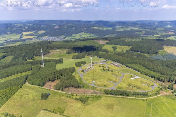 Aerial photo, Buchhagen mountain and wind turbine, former Nike fire control centre, now training area of the Olpe district police authority, Fretter, Finnentrop, Sauerland, North Rhine-Westphalia, Germany, DE, Europe, aerial photo, aerial photography, aerial photography, overview, bird's-eye view, WEA, wind energy, wind turbine, wind power, wind energy plant, wind turbines, birds-eyes view, overview