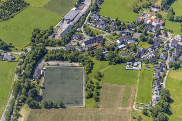 Aerial view, sports field in Serkenrode, Finnentrop, Sauerland, North Rhine-Westphalia, Germany, DE, Europe, football field, aerial view, aerial photography, aerial photography, sports, sports facilities, sports field, sports facility, overview, bird's-eye view, overview