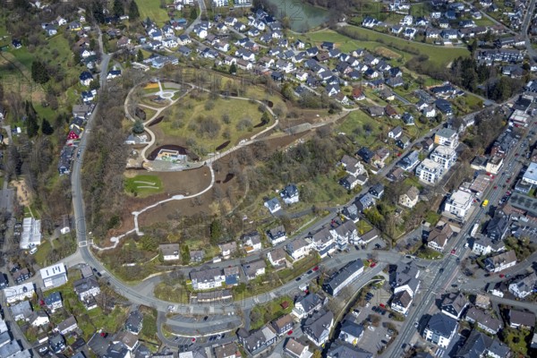 Spa garden with construction site Bürgerpark, Freudenberg, Sauerland, North Rhine-Westphalia, Germany, construction work, construction area, construction site, building plots, construction project, construction site, DE, Europe, aerial view, aerial photograph, aerial photography, aerial photography, park, overview, bird's-eye view, overview