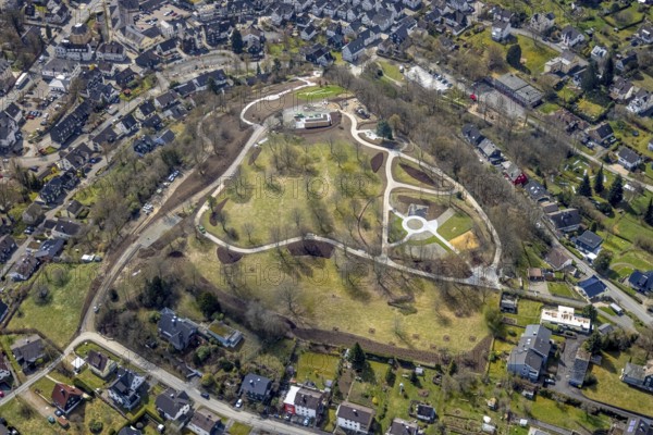 Spa garden with construction site Bürgerpark, Freudenberg, Sauerland, North Rhine-Westphalia, Germany, construction work, construction area, construction site, building plots, construction project, construction site, DE, Europe, aerial view, aerial photograph, aerial photography, aerial photography, park, overview, bird's-eye view, overview