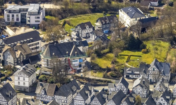 Renovation of the Protestant Church Freudenberg, Freudenberg, Sauerland, North Rhine-Westphalia, Germany, place of worship, DE, Europe, religious community, place of worship, holy place, church, parish, denomination, aerial view, aerial photograph, aerial photography, aerial photography, religion, religious site, renovation, refurbishment, overview, bird's-eye view, bird's-eye view, overview