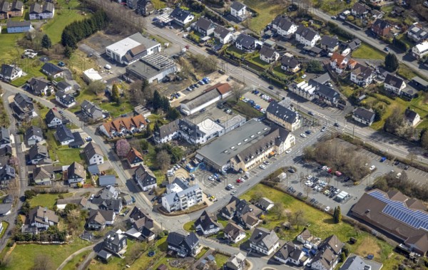 Town view Büschergrund, Freudenberg, Sauerland, North Rhine-Westphalia, Germany, DE, Europe, city centre, aerial view, aerial photograph, aerial photography, aerial photography, Olper Straße, town view, townscape, city area, city centre, overview, bird's eye view, birds-eyes view, overview