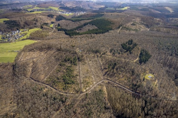 Radio mast in forest area with forest damage, Freudenberg, Sauerland, North Rhine-Westphalia, Germany, tree dieback, DE, Europe, clear-cutting, aerial view, aerial photography, aerial photography, overview, bird's-eye view, forest, forest area, forest damage, forest dieback, birds-eyes view, overview