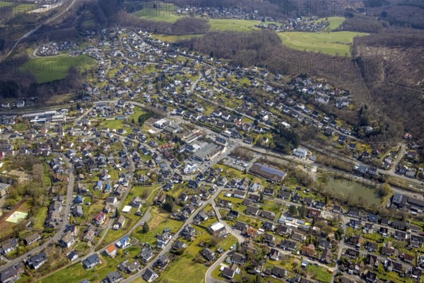 Town view Büschergrund, Freudenberg, Sauerland, North Rhine-Westphalia, Germany, DE, Europe, city centre, aerial view, aerial photograph, aerial photography, aerial photography, Olper Straße, town view, townscape, city area, city centre, overview, bird's eye view, birds-eyes view, overview