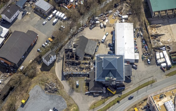Demolition after fire and new construction music factory, WSK Käckermann and Roth Getränke, Freudenberg, Sauerland, North Rhine-Westphalia, Germany, demolition, construction work, construction area, building site, building plots, construction project, construction site, DE, Europe, aerial view, aerial photograph, aerial photography, aerial photography, overview, bird's-eye view, overview, destroyed building