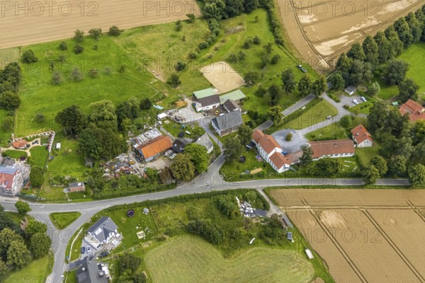 Aerial view, construction site for fire station building Stentroper Weg, Palzstraße and corner Karrenweg in the district Stentrop, Fröndenberg/Ruhr, Ruhr area, North Rhine-Westphalia, Germany, construction site, construction project, fire fighter, fire protection, fire station, DE, Europe, fire station, fire brigade, aerial view, aerial photography, aerial photography, rescue station, overview, bird's-eye view, overview
