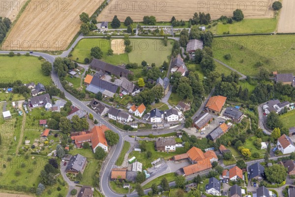 Aerial view, view of the village and evang. Village church at the cemetery in the Bausenhagen district, Fröndenberg/Ruhr, Ruhr area, North Rhine-Westphalia, Germany, place of worship, burial place, DE, Europe, cemetery, memorial, religious community, place of worship, house of God, graves, burial ground, holy place, church, parish, denomination, aerial view, aerial photography, aerial photography, religion, religious site, resting place, overview, bird's-eye view, bird's-eye view, overview