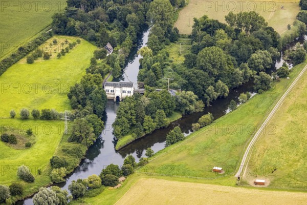 Aerial view, Obergraben with run-of-river power station Wickede and river Ruhr in the district Warmen, Fröndenberg/Ruhr, Ruhr area, North Rhine-Westphalia, Germany, DE, Europe, power station, aerial view, aerial photography, aerial photography, overview, bird's-eye view, hydroelectric power station, birds-eyes view, overview