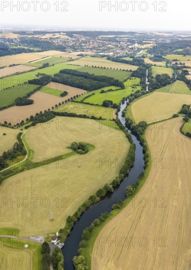 Aerial view, meadows and fields with river Ruhr meander in Warmen and with view to the run-of-river power station Wickede and to Wickede, Fröndenberg/Ruhr, Ruhr area, North Rhine-Westphalia, Germany, DE, Europe, river meanders, aerial view, aerial photography, aerial photography, overview, bird's eye view, meadows and fields, birds-eyes view, overview