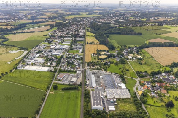 Aerial view, industrial area Neimen and Frohnhausen, Fröndenberg/Ruhr, Ruhr area, North Rhine-Westphalia, Germany, DE, Europe, commercial enterprises, commercial area, commercial area, commercial location, commercial use, industrial area, industrial location, aerial view, aerial photography, aerial photography, overview, bird's-eye view, overview