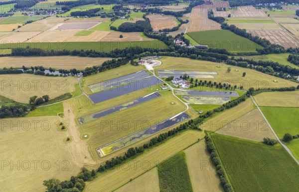 Aerial view, Hammer Waterworks Warmen at the Merschstraße in the district Warmen, Fröndenberg/Ruhr, Ruhr area, North Rhine-Westphalia, Germany, DE, Europe, Hammer Waterworks, aerial view, aerial photography, aerial photography, overview, bird's eye view, water treatment plant, water supply company, waterworks, meadows and fields, birds-eyes view, overview, v