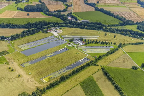 Aerial view, Hammer Waterworks Warmen at the Merschstraße in the district Warmen, Fröndenberg/Ruhr, Ruhr area, North Rhine-Westphalia, Germany, DE, Europe, Hammer Waterworks, aerial view, aerial photography, aerial photography, overview, bird's-eye view, water treatment plant, water supply company, waterworks, birds-eyes view, overview