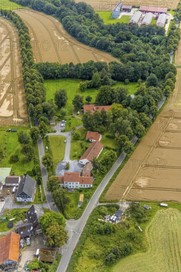Aerial view, construction site for fire station building Stentroper Weg, Palzstraße and corner Karrenweg in the district Stentrop, Fröndenberg/Ruhr, Ruhr area, North Rhine-Westphalia, Germany, construction site, construction project, fire fighter, fire protection, fire station, DE, Europe, fire station, fire brigade, aerial view, aerial photography, aerial photography, rescue station, overview, bird's-eye view, overview
