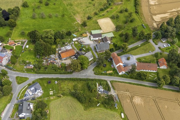 Aerial view, construction site for fire station building Stentroper Weg, Palzstraße and corner Karrenweg in the district Stentrop, Fröndenberg/Ruhr, Ruhr area, North Rhine-Westphalia, Germany, construction site, construction project, fire fighter, fire protection, fire station, DE, Europe, fire station, fire brigade, aerial view, aerial photography, aerial photography, rescue station, overview, bird's-eye view, overview