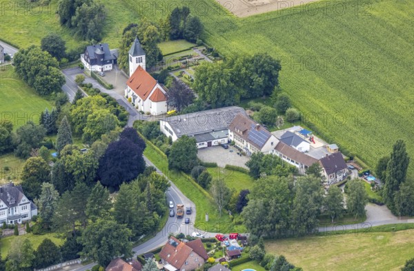 Aerial view, view of the town and Christ-König-Kirche in the district of Frohnhausen, Fröndenberg/Ruhr, Ruhr area, North Rhine-Westphalia, Germany, DE, Europe, aerial view, aerial photography, aerial photography, overview, bird's-eye view, overview