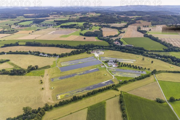 Aerial view, Hammer Waterworks Warmen at the Merschstraße in the district Warmen, Fröndenberg/Ruhr, Ruhr area, North Rhine-Westphalia, Germany, DE, Europe, Hammer Waterworks, aerial view, aerial photography, aerial photography, overview, bird's eye view, water treatment plant, water supply company, waterworks, meadows and fields, birds-eyes view, overview