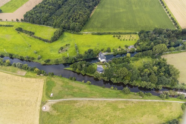 Aerial view, Obergraben with run-of-river power station Wickede and river Ruhr in the district Warmen, Fröndenberg/Ruhr, Ruhr area, North Rhine-Westphalia, Germany, DE, Europe, power station, aerial view, aerial photography, aerial photography, overview, bird's-eye view, hydroelectric power station, birds-eyes view, overview