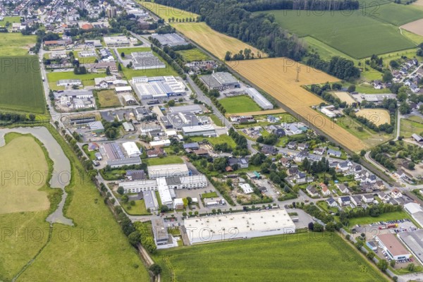 Aerial view, Neimen industrial estate, Fröndenberg/Ruhr, Ruhr area, North Rhine-Westphalia, Germany, DE, Europe, commercial enterprises, commercial area, commercial site, commercial use, industrial area, industrial site, aerial photography, aerial photography, aerial photography, overview, bird's-eye view, bird's-eye view, overview