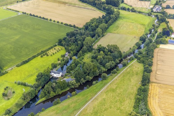 Aerial view, Obergraben with run-of-river power station Wickede and river Ruhr in the district Warmen, Fröndenberg/Ruhr, Ruhr area, North Rhine-Westphalia, Germany, DE, Europe, power station, aerial view, aerial photography, aerial photography, overview, bird's-eye view, hydroelectric power station, birds-eyes view, overview