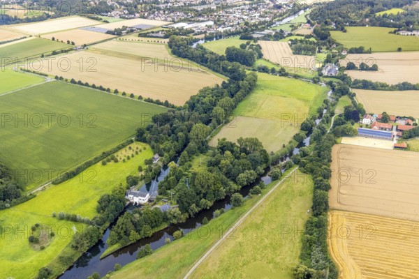Aerial view, Obergraben with run-of-river power station Wickede and river Ruhr in the district Warmen, Fröndenberg/Ruhr, Ruhr area, North Rhine-Westphalia, Germany, DE, Europe, power station, aerial view, aerial photography, aerial photography, overview, bird's-eye view, hydroelectric power station, birds-eyes view, overview