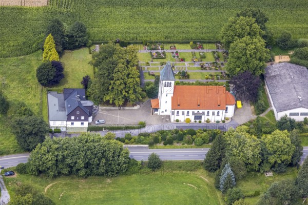 Aerial view, Christ-König-Kirche in the Frohnhausen district, Fröndenberg/Ruhr, Ruhr area, North Rhine-Westphalia, Germany, place of worship, DE, Europe, religious community, place of worship, holy place, church, parish, denomination, aerial view, aerial photography, aerial photography, religion, religious site, overview, bird's-eye view, overview