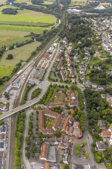Aerial view, planned reconstruction Harthaer Straße, Wilhelm-Feuerhake-Straße intersection Mendener Straße and Von-Tirpitz-Straße in Fröndenberg, Bruayplatz reconstruction in Fröndenberg, Fröndenberg/Ruhr, Ruhr area, North Rhine-Westphalia, Germany, DE, Europe, aerial view, aerial photography, aerial photography, overview, bird's-eye view, overview