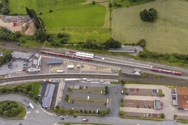Aerial view, Fröndenberg station, Fröndenberg/Ruhr, Ruhr area, North Rhine-Westphalia, Germany, railway tracks, station, platform, DE, Deutsche Bahn AG, Europe, central station, main station, aerial view, aerial photography, aerial photography, overview, bird's-eye view, overview