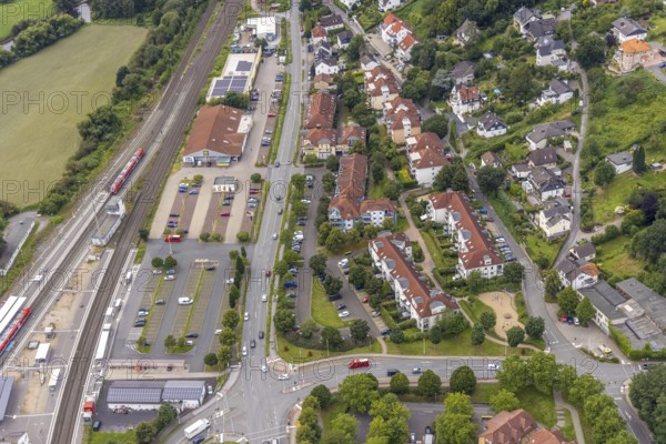 Aerial view, planned reconstruction Harthaer Straße, Wilhelm-Feuerhake-Straße intersection Mendener Straße and Von-Tirpitz-Straße in Fröndenberg, Fröndenberg/Ruhr, Ruhr area, North Rhine-Westphalia, Germany, construction measure, construction project, DE, Europe, property tax, real estate, aerial photograph, aerial photography, aerial photography, overview, bird's-eye view, residential complex, living and living, residential area, residential buildings, residential quality, housing estate, birds-eyes view, overview