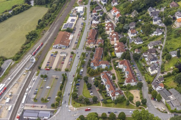 Aerial view, planned reconstruction Harthaer Straße, Wilhelm-Feuerhake-Straße intersection Mendener Straße and Von-Tirpitz-Straße in Fröndenberg, Fröndenberg/Ruhr, Ruhr area, North Rhine-Westphalia, Germany, construction measure, construction project, DE, Europe, property tax, real estate, aerial photograph, aerial photography, aerial photography, overview, bird's-eye view, residential complex, living and living, residential area, residential buildings, residential quality, housing estate, birds-eyes view, overview