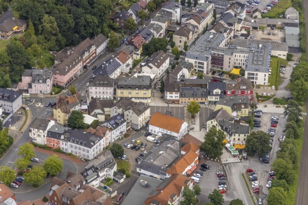 Aerial view, Schmallenbach-Haus Hubertia retirement home and newly designed market square in Fröndenberg, Fröndenberg/Ruhr, Ruhr area, North Rhine-Westphalia, Germany, retirement home, nursing home, care and nursing, DE, Europe, aerial view, aerial photography, aerial photography, market, market square, care facility, retirement home, retirement residence, retirement home, senior centre, overview, bird's eye view, birds-eyes view, overview