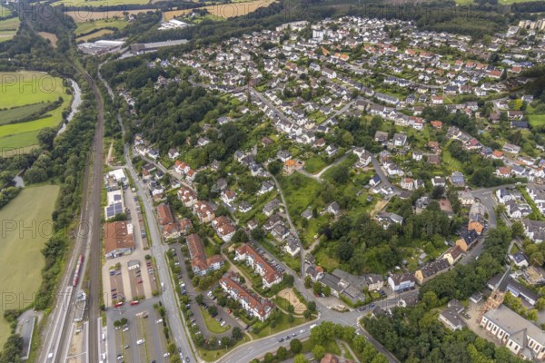 Aerial view, planned reconstruction Harthaer Straße, Wilhelm-Feuerhake-Straße intersection Mendener Straße and Von-Tirpitz-Straße in Fröndenberg, Fröndenberg/Ruhr, Ruhr area, North Rhine-Westphalia, Germany, construction measure, construction project, DE, Europe, property tax, real estate, aerial photograph, aerial photography, aerial photography, overview, bird's-eye view, residential complex, living and living, residential area, residential buildings, residential quality, housing estate, birds-eyes view, overview