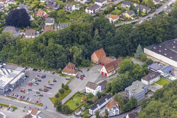 Aerial view, planned new construction of the Fröndenberg town centre rescue station on Alleestraße in Fröndenberg/Ruhr, Ruhr area, North Rhine-Westphalia, Germany