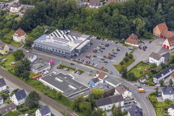 Aerial view, planned new construction of the Fröndenberg rescue station and Edeka Isselmarkt supermarket Alleestraße in Fröndenberg/Ruhr, Ruhr area, North Rhine-Westphalia, Germany, fire fighters, fire protection, fire station, DE, shopping markets, shopping square, shopping centre, Europe, fire station, fire brigade, Fröndenberg/Ruhr, aerial view, aerial photography, aerial photography, local supply centre, rescue station, supermarket, overview, bird's eye view, bird's eye view, overview