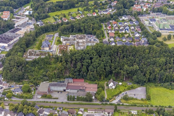 Aerial view, Frömag Maschinenfabrik GmbH and Schmallenbach-Haus Seniorensiedlung in Fröndenberg/Ruhr, Ruhr area, North Rhine-Westphalia, Germany, retirement home, old people's home, care and nursing, DE, Europe, Fröndenberg/Ruhr, aerial view, aerial photography, aerial photography, care facility, retirement home, retirement home, senior citizens' residence, senior citizens' centre, overview, bird's eye view, birds-eyes view, overview