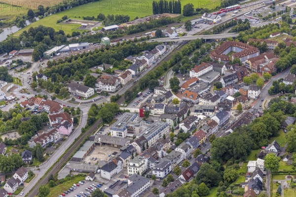 Aerial view, Schmallenbach-Haus Hubertia retirement home and newly designed market square in Fröndenberg, Fröndenberg/Ruhr, Ruhr area, North Rhine-Westphalia, Germany, retirement home, retirement home, station, care and nursing, DE, Deutsche Bahn AG, Europe, railway tracks, property tax, central station, main station, railway station, real estate, aerial photography, aerial photography, market, marketplace, care facility, retirement home, retirement residence, retirement home, retirement centre, overview, bird's-eye view, residential complex, housing and living, residential area, residential buildings, residential quality, housing estate, birds-eyes view, overview