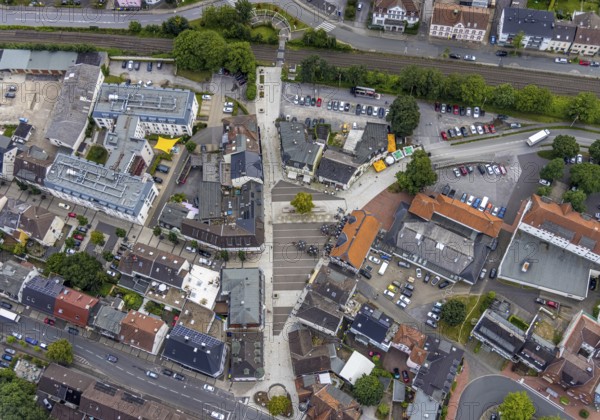 Aerial view, Schmallenbach-Haus Huberti retirement home and newly designed market square in Fröndenberg, Fröndenberg/Ruhr, Ruhr area, North Rhine-Westphalia, Germany, retirement home, nursing home, care and nursing, DE, Europe, pedestrian zone, aerial view, aerial photography, aerial photography, market, market square, care facility, retirement home, retirement residence, retirement home, senior centre, overview, bird's eye view, birds-eyes view, overview