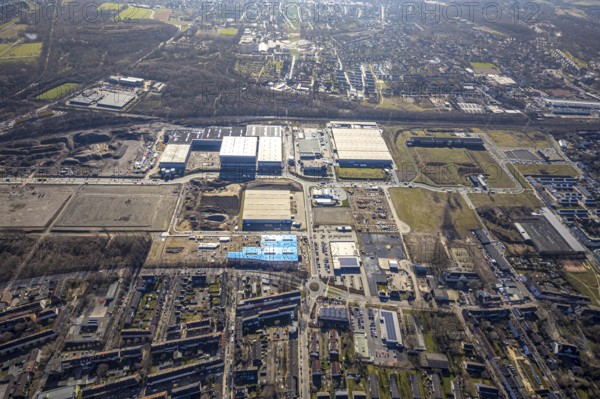 Aerial view, construction site commercial area and service location Europastrasse, bilstein-group, ProReServ - Professional Retail Service, former blast furnace site Schalker Verein, Gelsenkirchen-Bulmke-Hüllen, Gelsenkirchen, Ruhr area, North Rhine-Westphalia, Germany, construction work, construction, construction area, construction site, construction site, construction project, construction site, DE, Europe, commercial enterprises, commercial area, commercial park, commercial location, commercial use, industrial area, industrial building, industrial location, logistics, logistics service, logistics service provider, logistics provider, logistics centre, aerial view, aerial photography, aerial photography, new building, overview, bird's-eye view, overview
