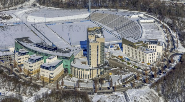 Aerial view, Hotel Courtyard by Marriott Gelsenkirchen, construction site at the hotel, Veltins-Arena area, Parkallee, Stadionring, Erle, Gelsenkirchen, Ruhr area, North Rhine-Westphalia, Germany, Berger Feld, DE, Europe, gastronomy, hotel, hotel facilities, hotel business, aerial view, aerial photography, aerial photography, snow, overview, bird's-eye view, winter, birds-eyes view, overview
