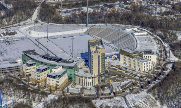 Aerial view, Hotel Courtyard by Marriott Gelsenkirchen, construction site at the hotel, Veltins-Arena area, Parkallee, Stadionring, Erle, Gelsenkirchen, Ruhr area, North Rhine-Westphalia, Germany, Berger Feld, DE, Europe, gastronomy, hotel, hotel facilities, hotel business, aerial view, aerial photography, aerial photography, snow, overview, bird's-eye view, winter, birds-eyes view, overview