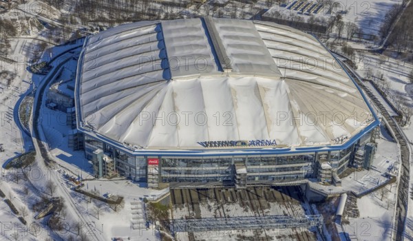 Aerial view, Schalke Veltins-Arena with closed roof and extension area for grass, Rudi-Assauer-Platz, Beckhausen, Gelsenkirchen, Ruhr area, North Rhine-Westphalia, Germany, Arena, Arena AufSchalke, Berger Feld, Bundesliga stadium, DE, Europe, FC Schalke 04, football pitch, football stadium, football club, aerial view, aerial photography, aerial photography, snow, sports, sports facilities, sports ground, sports venue, stadium, overview, bird's eye view, winter, birds-eyes view, closed roof of the arena, overview
