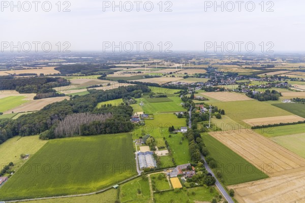 Aerial view, meadows and fields at Ostbürener Straße with view of Ostbüren, Frömern, Fröndenberg/Ruhr, Ruhr area, North Rhine-Westphalia, Germany, DE, Europe, aerial view, aerial photography, aerial photography, overview, bird's-eye view, meadows and fields, birds-eyes view, overview
