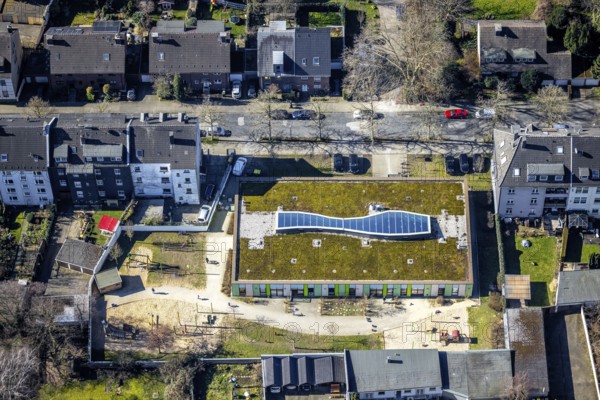 Aerial view, Städt. Kindergarten Irmgardstraße, Gelsenkirchen-Bulmke-Hüllen, Gelsenkirchen, Ruhr area, North Rhine-Westphalia, Germany, DE, Europe, kindergarten, day-care centre, day-care facility, day-care centre, aerial view, aerial photography, aerial photography, photovoltaic, photovoltaic system, solar, solar system, solar energy, solar energy, overview, bird's-eye view, birds-eyes view, overview